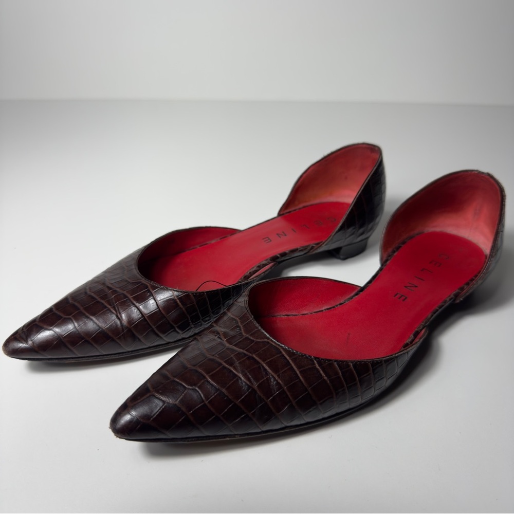 Celine Crocodile Pattern Leather Brown Pointed Women’s Flats Shoes Size EUR 37.5